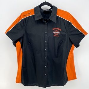 Harley Davidson Womens Button Up Shirt Black Orange Cotton 1W